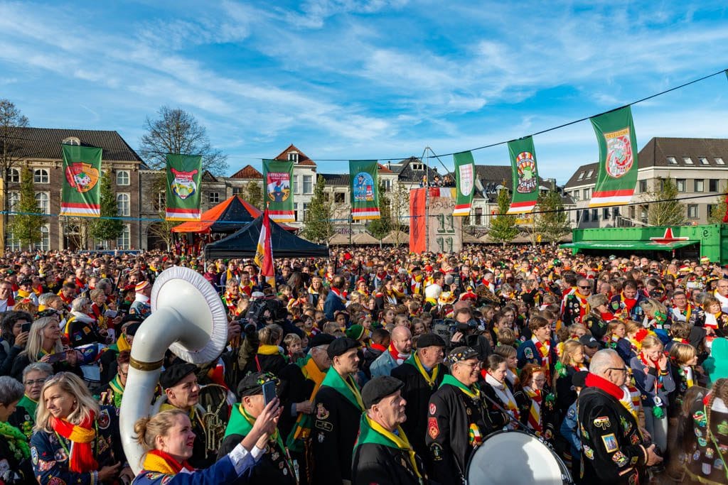 Druk buitenactiviteit met grote menigte in kleurrijke kostuums; muzikant sousafoon, vlaggen en tenten